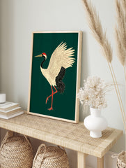 Japanese Red-crowned Crane poster illustration with white body, black neck, red head patch, and red legs on a dark green background. - Image 4