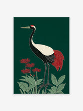 Japanese Crane poster with red tail feathers and a red crown, standing among red spider lilies and green leaves on a dark green background.