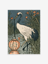 Japanese crane print with red-crowned crane holding a lantern among reeds and orange flowers