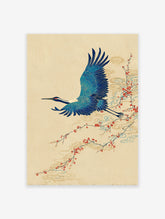 Japanese blue crane flying past a branch with red berries and stylized clouds on a beige background, Ukiyo-e style art print.