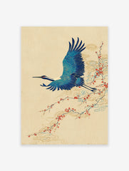 Japanese blue crane flying past a branch with red berries and stylized clouds on a beige background, Ukiyo-e style art print.