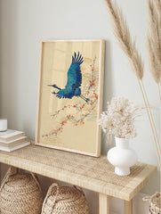 Japanese blue crane flying past a branch with red berries and stylized clouds on a beige background, Ukiyo-e style art print. - Image 3
