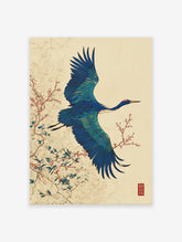 Japanese Crane Wall Art featuring a vibrant blue bird in flight with red berries and green leaves against a light beige background.