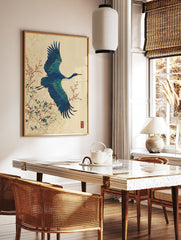 Japanese Crane Wall Art featuring a vibrant blue bird in flight with red berries and green leaves against a light beige background. - Image 2