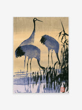 Blue ink-wash cranes with black reeds on tan background, Japanese style wall art print