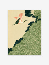 Japanese crane flying over swirling green foliage on beige background art print