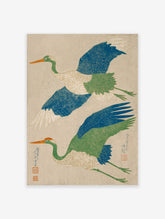 Two blue and green Japanese cranes flying on a light beige background, vintage bird wall art print
