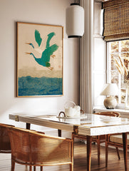 Japanese Crane Wall Art featuring two teal and white cranes flying above blue and gold swirling waves in a traditional art style. - Image 2