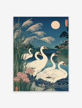 Japanese crane wall art print with white cranes, pampas grass, pink spider lilies, and a full moon over a pond at night.