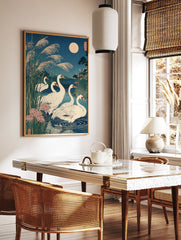 Japanese crane wall art print with white cranes, pampas grass, pink spider lilies, and a full moon over a pond at night. - Image 3