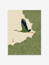 Japanese crane wall art showing a green and blue bird flying over swirling green clouds on a cream background.