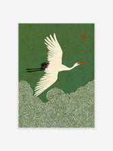Japanese crane flying over green swirling waves in traditional Asian art style. White bird with red and black details.