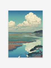 Ukiyo-e style Japanese crane wall art in marshland with reeds, water reflections, and cloudy sky