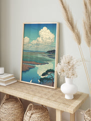 Ukiyo-e style Japanese crane wall art in marshland with reeds, water reflections, and cloudy, in an alternate framed mockup