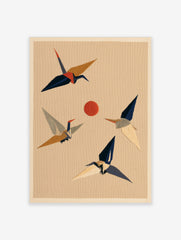 Stylised Japanese crane birds in flight around a red sun on a textured beige background, minimalist embroidery-style art