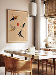 Stylised Japanese crane birds in flight around a red sun on a textured beige background, minimalist, in a styled room mockup