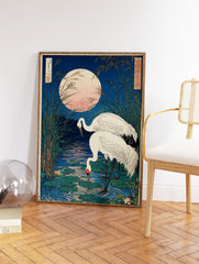 Japanese Crane Wall Art featuring two white cranes in a moonlit pond with reeds and lily pads, in Ukiyo-e style. - Image 2
