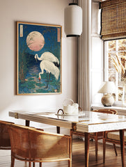 Japanese Crane Wall Art featuring two white cranes in a moonlit pond with reeds and lily pads, in Ukiyo-e style. - Image 3