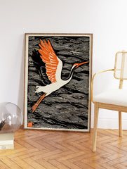 Japanese Crane Wall Art, a woodblock print of a white crane with orange wings flying over black and white ocean waves. - Image 2
