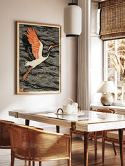 Japanese Crane Wall Art, a woodblock print of a white crane with orange wings flying over black and white ocean waves. - Image 3