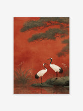 Japanese crane wall art print with two red-crowned cranes, pine trees, and water on a vibrant red background.