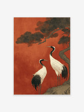 Two red-crowned Japanese cranes under a pine tree against a rich red background in traditional Asian wall art style.