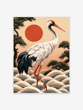 Japanese red-crowned crane illustration with stylized waves, pine trees, and a red sun, art print on beige background