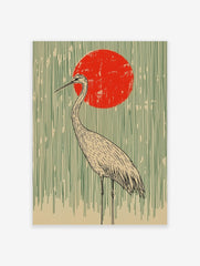 Illustrative Japanese crane standing against a red sun and vertical green lines on a beige background