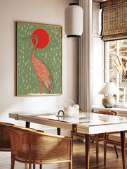 Illustrative Japanese crane with red sun and white rain on sage green background, portrait, in a styled room mockup