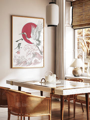 Japanese crane bird flying over red waves with a red sun background, traditional Asian illustration wall art. - Image 3