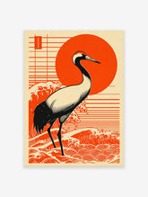 Japanese Crane Wall Art print with a red-crowned crane, red sun, and stylized waves in Ukiyo-e art style.