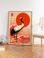 Japanese Crane Wall Art print with a red-crowned crane, red sun, and stylized waves in Ukiyo-e art style. - Image 2