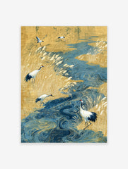 Japanese art print of red-crowned cranes in a golden reed field with a swirling blue river, illustrative style
