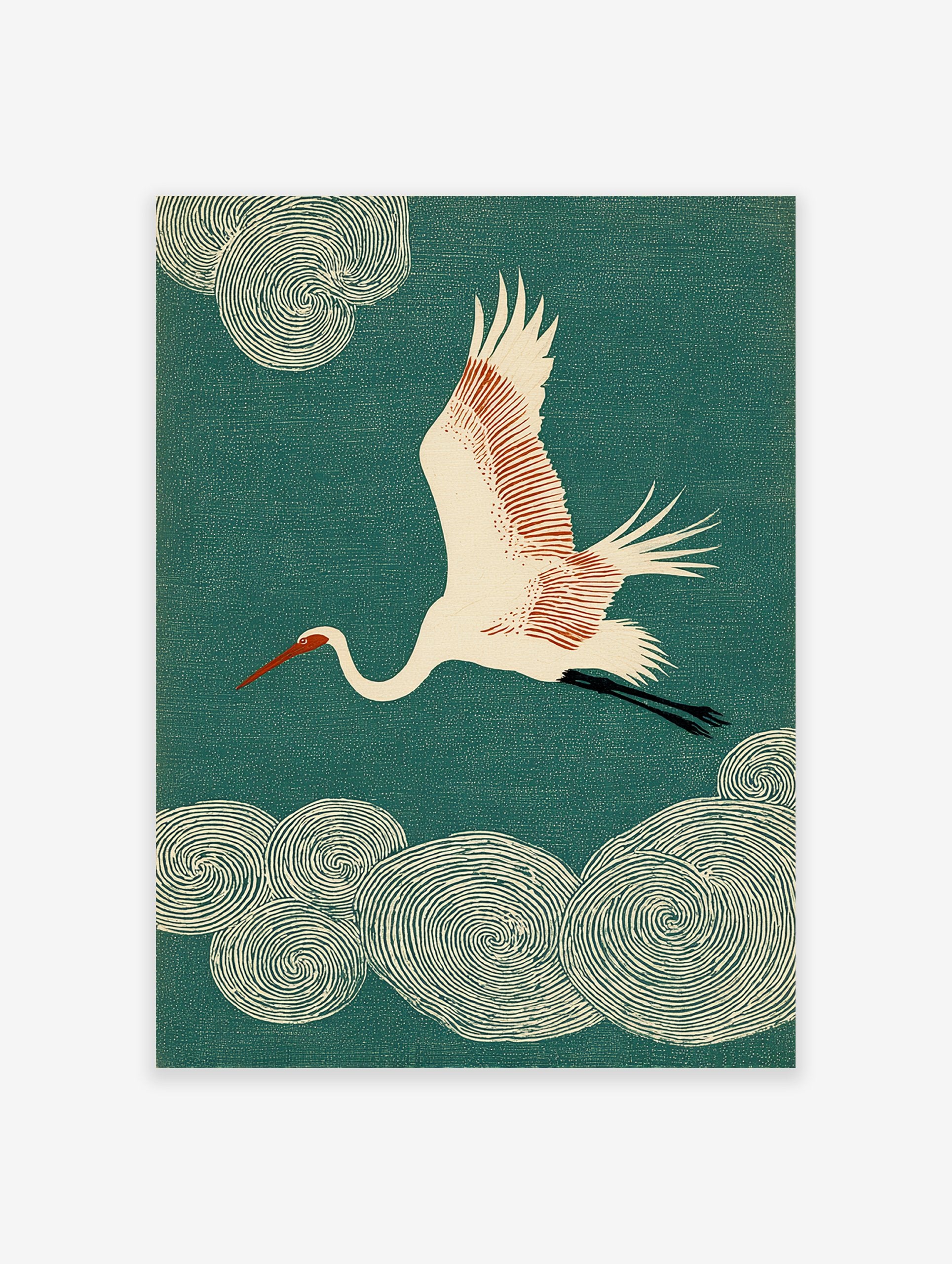 Japanese crane wall art print featuring a white crane with red accents flying against a teal background with swirling clouds.