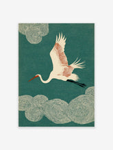 Japanese crane wall art print featuring a white crane with red accents flying against a teal background with swirling clouds.