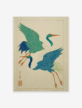 Japanese Crane Wall Art featuring two flying cranes, one teal and one blue, in a traditional illustrative style.