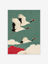 Traditional Japanese Crane Wall Art showing three white cranes with red heads flying in a teal sky with red and white clouds.