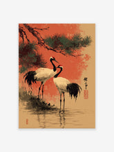 Japanese Crane Wall Art depicting two red-crowned cranes under a pine tree in traditional art style with an orange background.