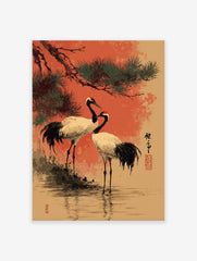 Japanese Crane Wall Art depicting two red-crowned cranes under a pine tree in traditional art style with an orange background.