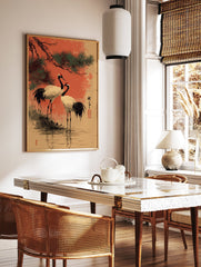 Japanese Crane Wall Art depicting two red-crowned cranes under a pine tree in traditional art style with an orange background. - Image 2