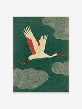 Japanese Ukiyo-e style crane art print with white and red bird flying against a textured dark green background.