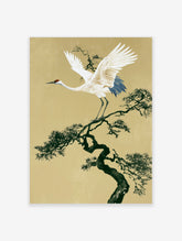 White crane with raised wings on a dark pine branch against a gold background, Japanese-style bird art print