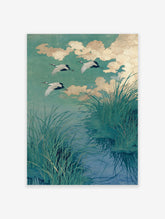 Japanese cranes in flight over water with green reeds and golden clouds, illustrative art print