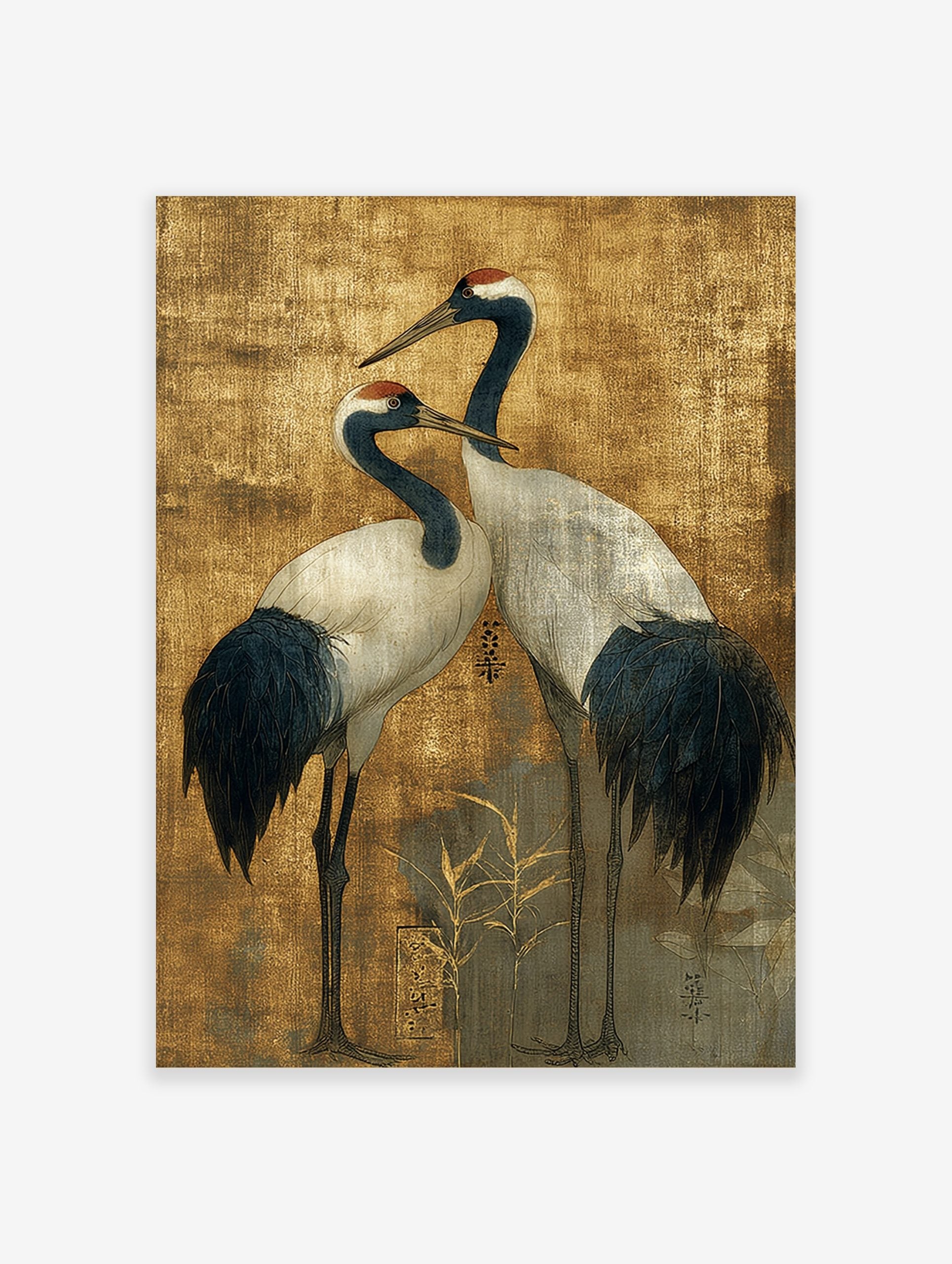 Two elegant Japanese Red-crowned Cranes with dark blue and white plumage on a textured golden background