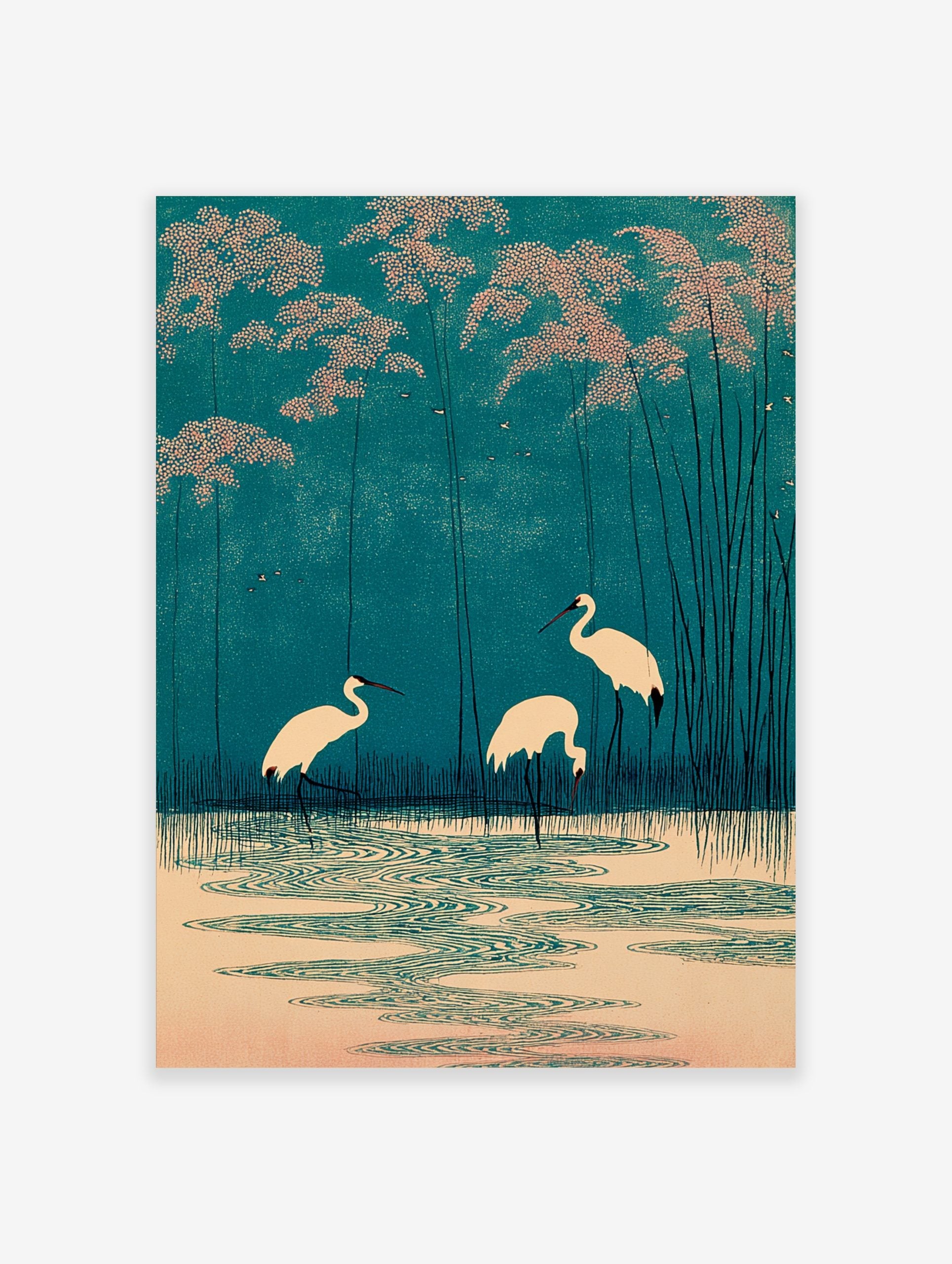 Japanese woodblock style print of three white cranes in teal water with pink foliage and tall reeds