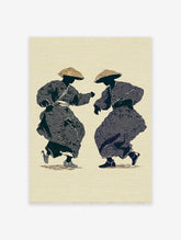 Two stylized figures in traditional Japanese attire and straw hats dancing, rendered with concentric circles on a beige background.