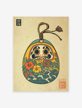 Colorful Japanese Daruma Doll art print with flowers and waves in traditional Ukiyo-e style on a textured background.