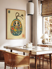 Colorful Japanese Daruma Doll art print with flowers and waves in traditional Ukiyo-e style on a textured background. - Image 3