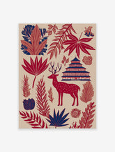Red and blue Japanese deer wall art with a pagoda, maple leaves, and other botanical foliage on a light beige background.