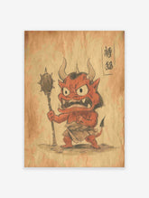Japanese demon (Oni) wall art illustration in red and black, holding a spiked club on a vintage brown paper background.